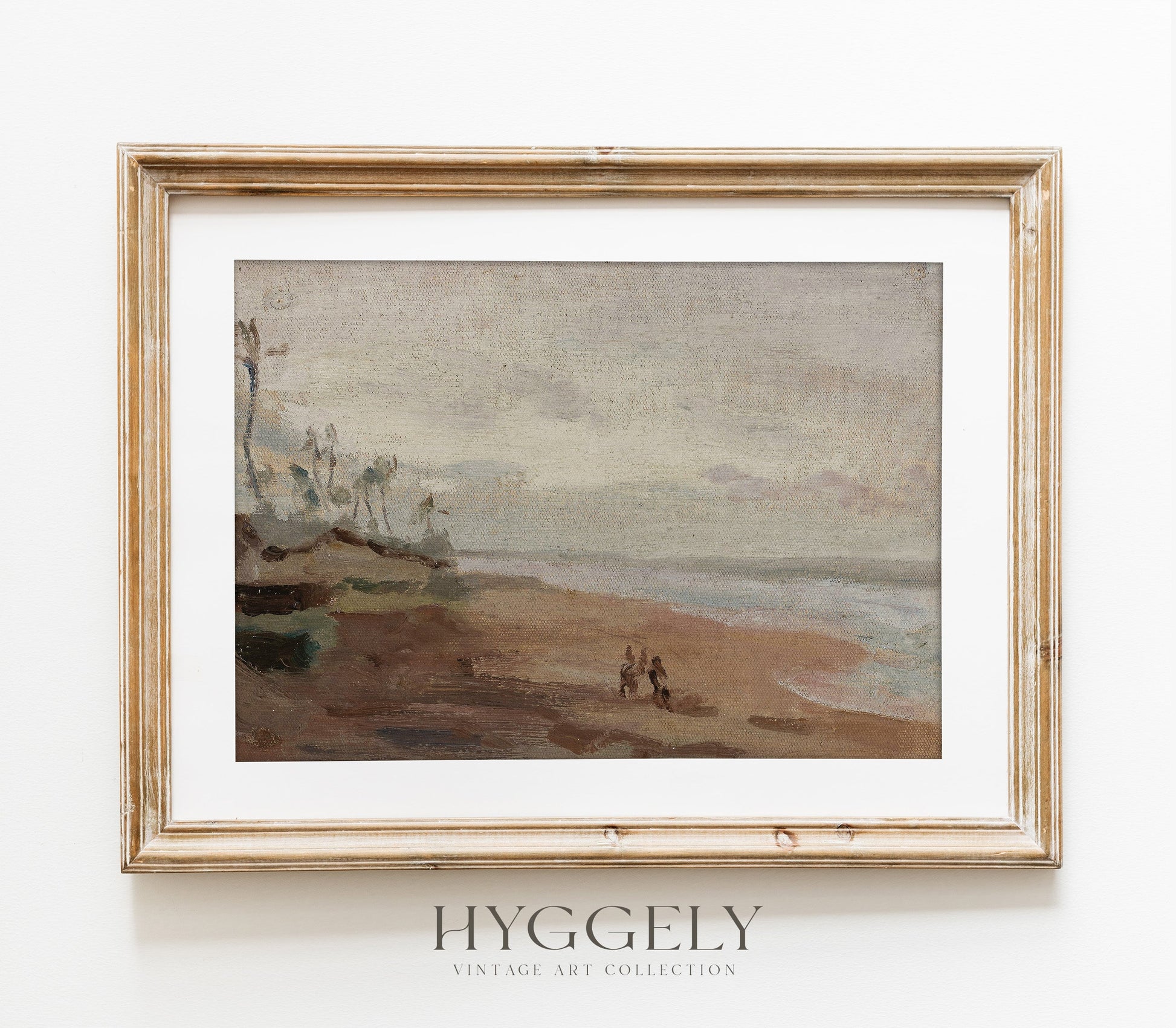 Estampe ancienne représentant un paysage de plage couvert L0163
