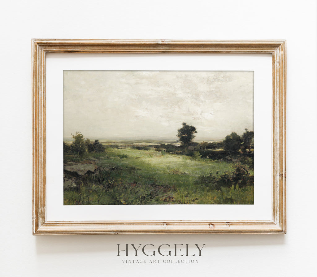 Estampe d'art vintage aux tons verts doux, paysage L0157