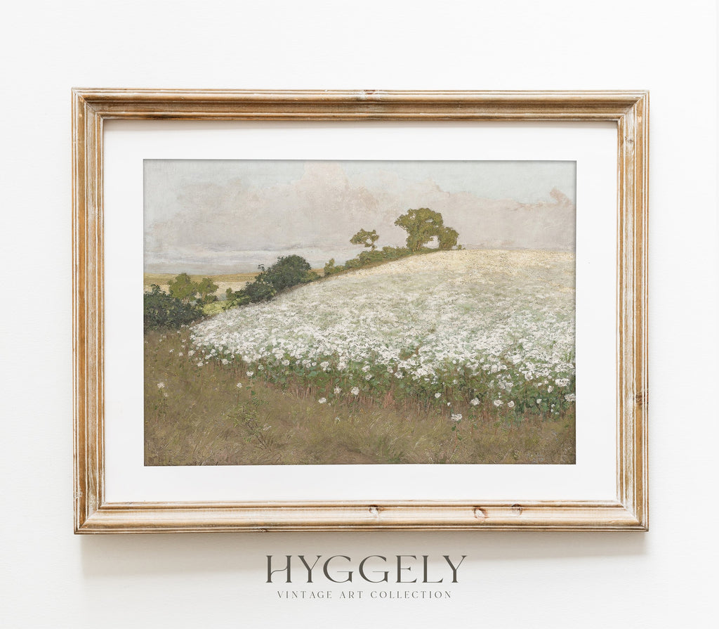 Estampe d'art vintage représentant un paysage de champs fleuris L0215