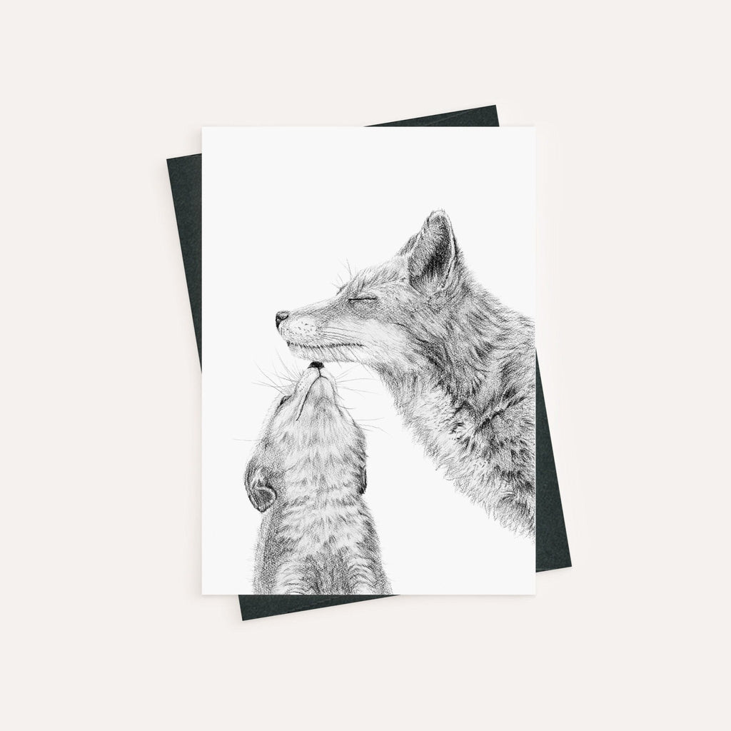 Mama fox with cub - kissing - Black and White - greeting card