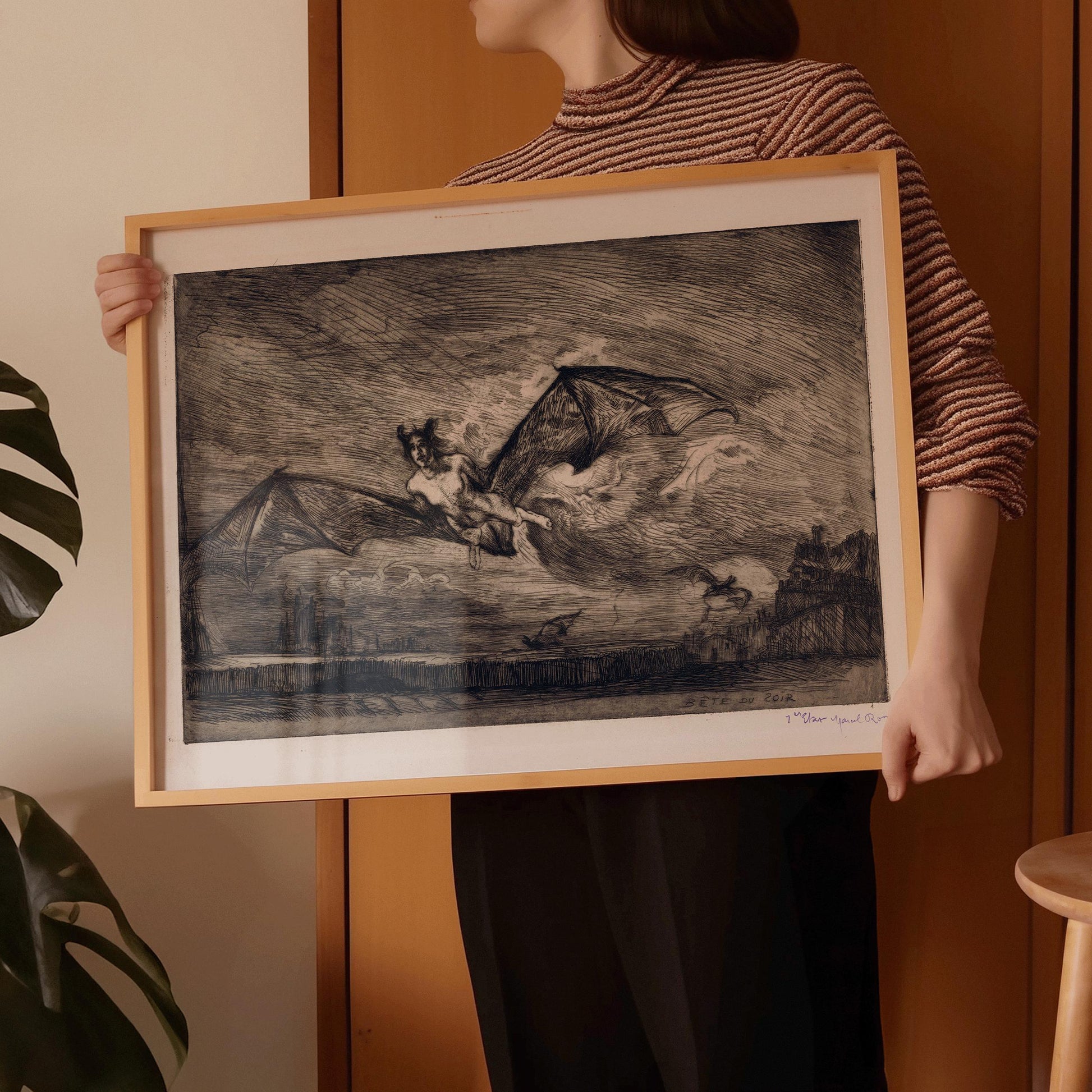 Marcel Roux - Estampe « La Bête de la Nuit » : Symbolisme occulte vintage
