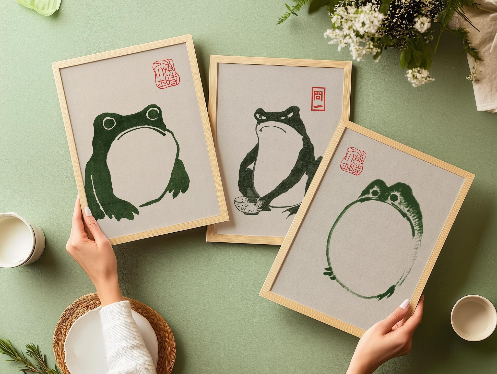 Estampe des Trois Grenouilles de Matsumoto Hoji : Art ancien japonais sur bois