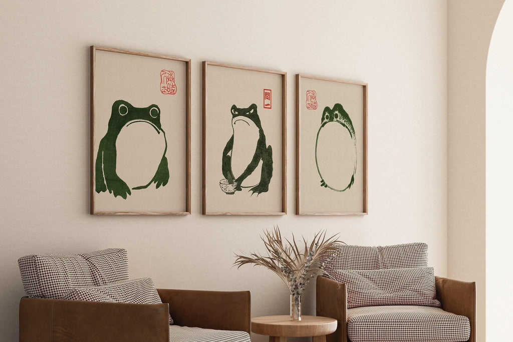 Estampe des Trois Grenouilles de Matsumoto Hoji : Art ancien japonais sur bois