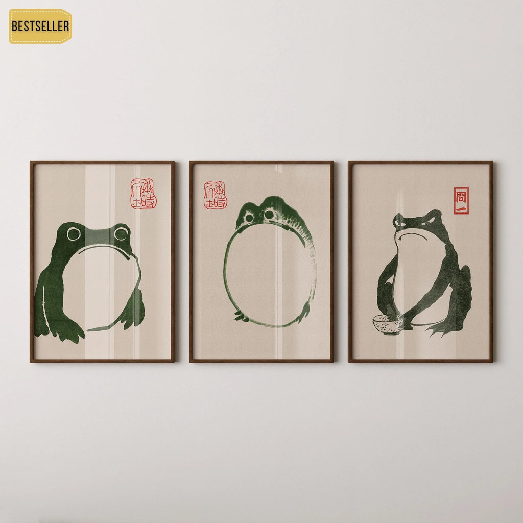 Estampe des Trois Grenouilles de Matsumoto Hoji : Art ancien japonais sur bois