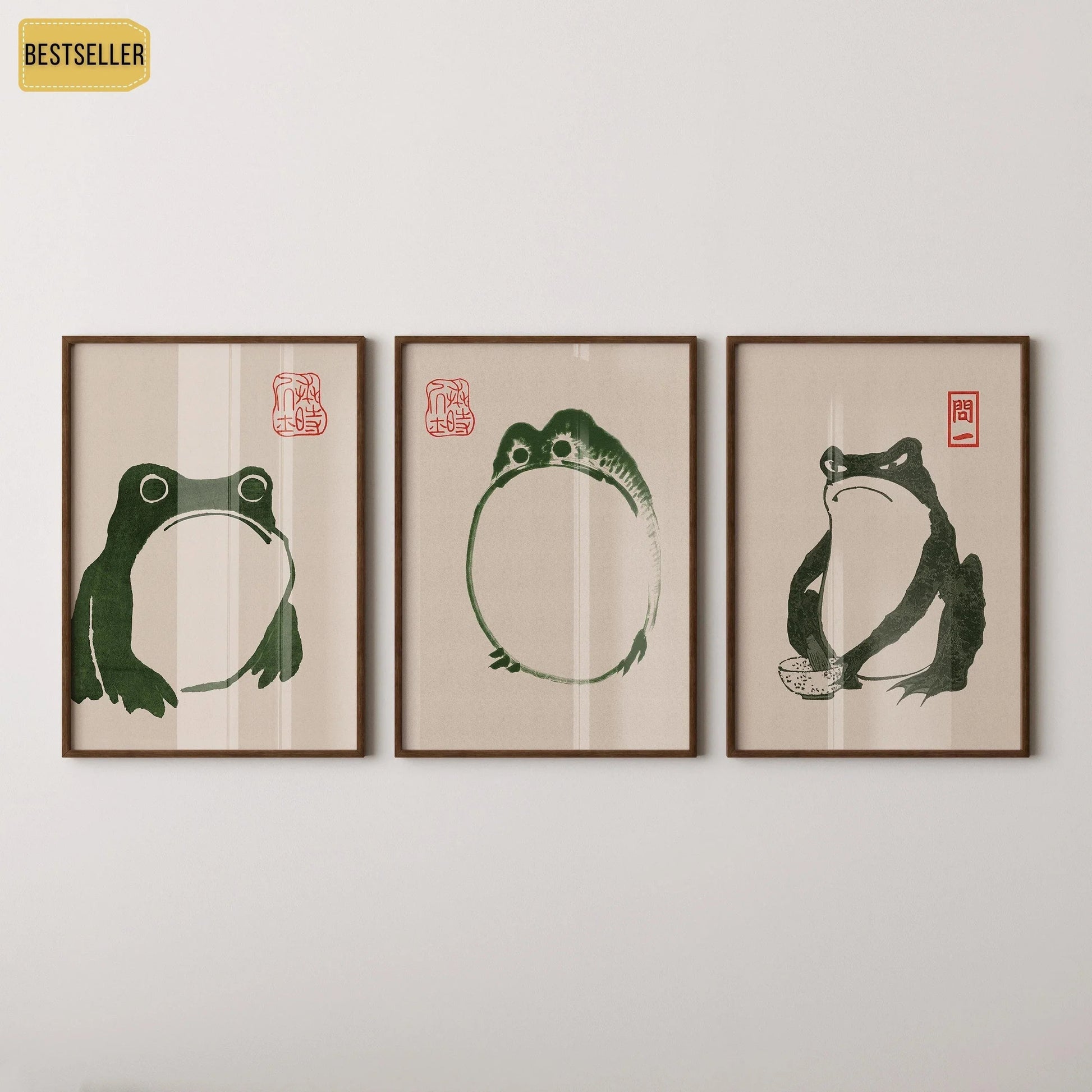 Estampe des Trois Grenouilles de Matsumoto Hoji : Art ancien japonais sur bois