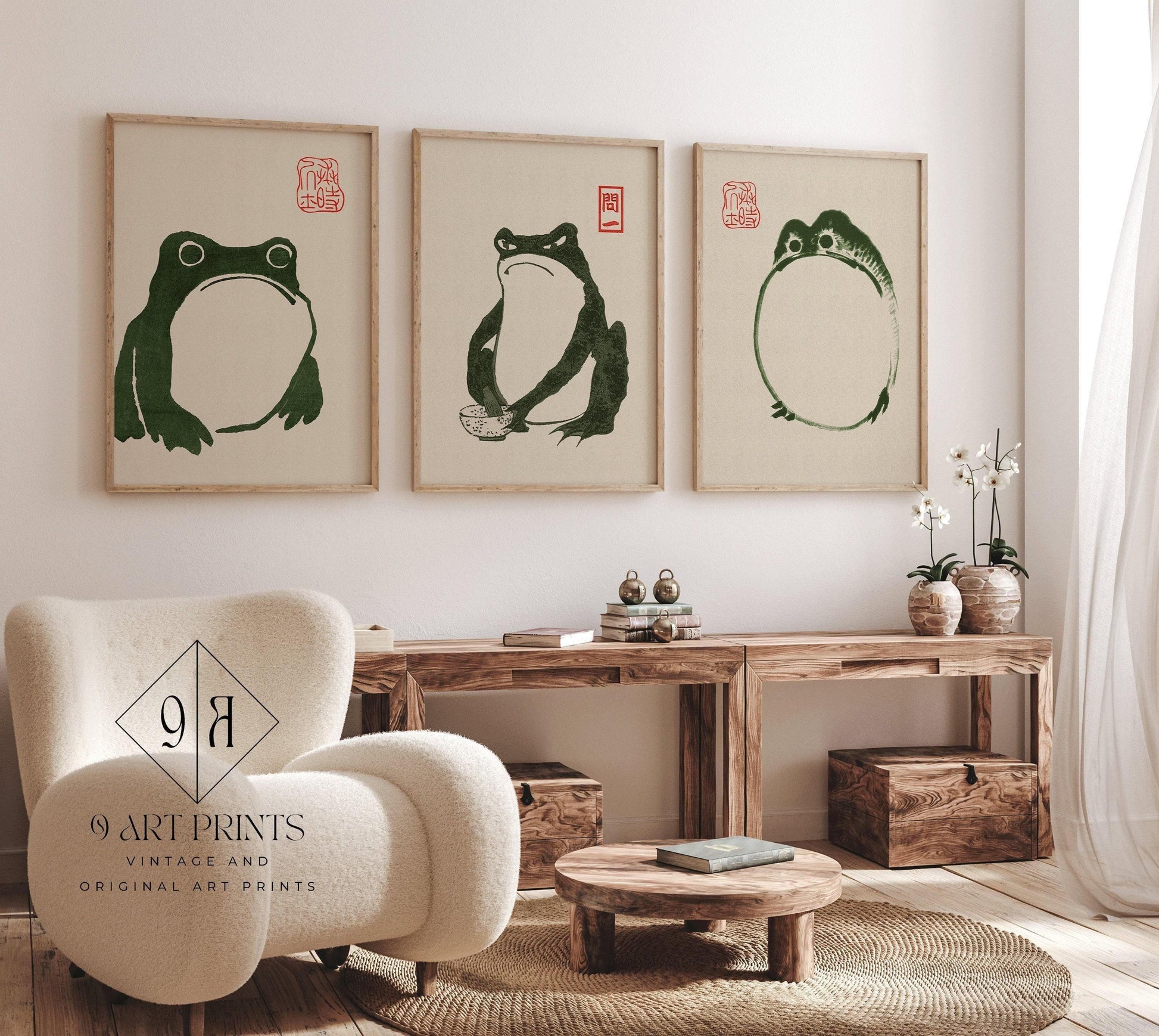 Estampe des Trois Grenouilles de Matsumoto Hoji : Art ancien japonais sur bois