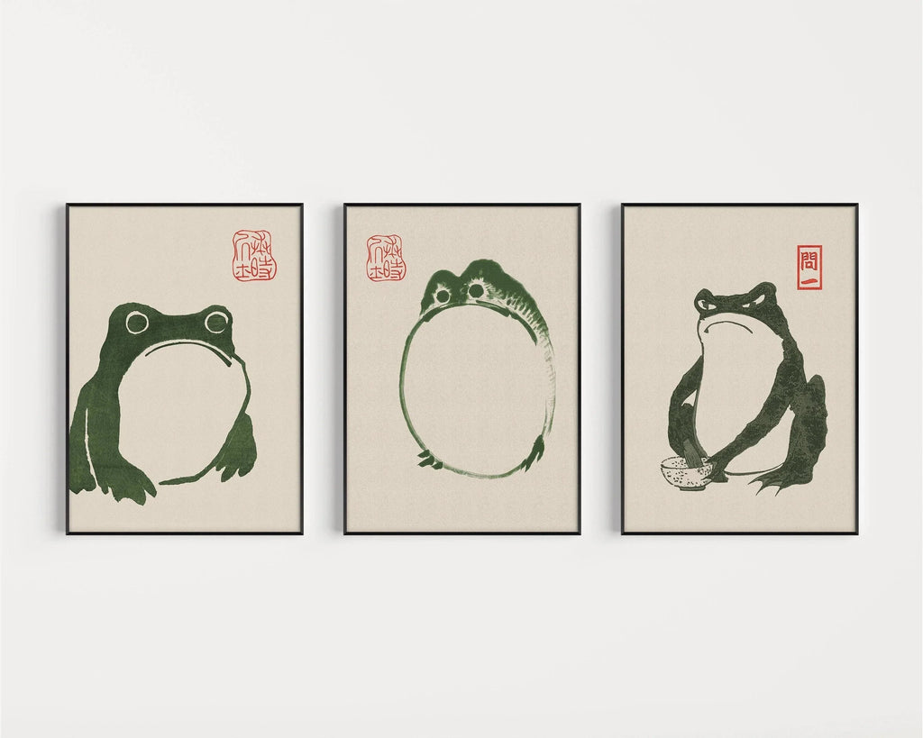 Estampe des Trois Grenouilles de Matsumoto Hoji : Art ancien japonais sur bois