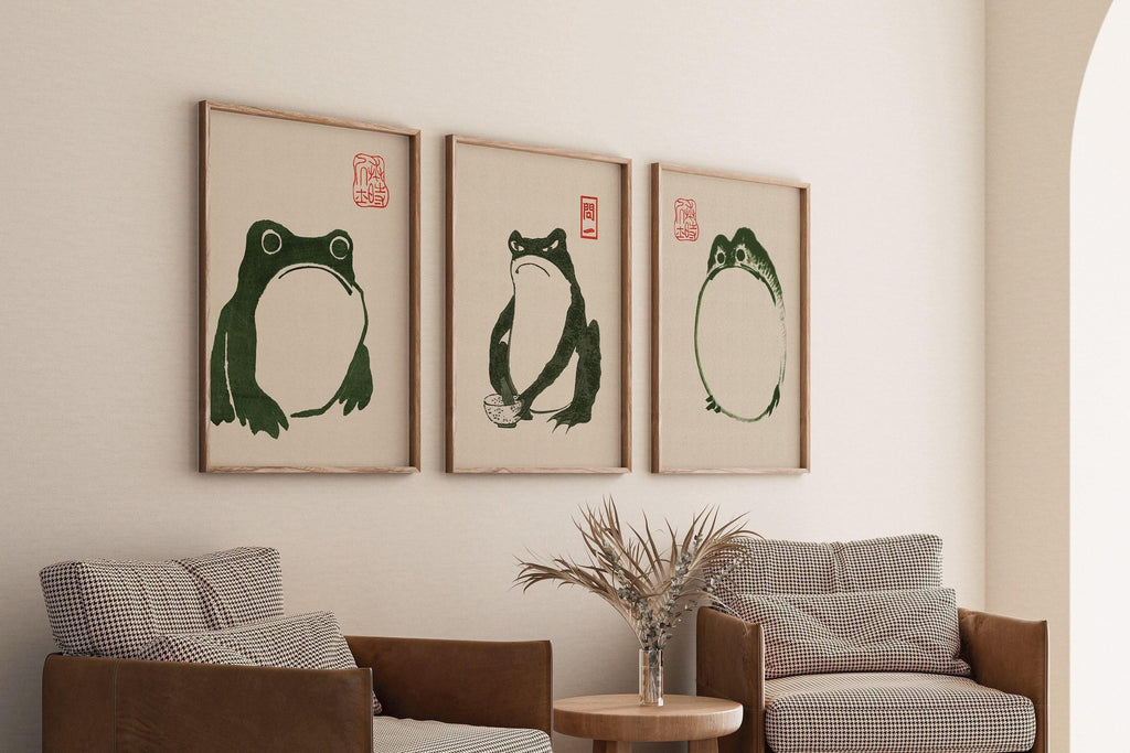 Estampe des Trois Grenouilles de Matsumoto Hoji : Art ancien japonais sur bois