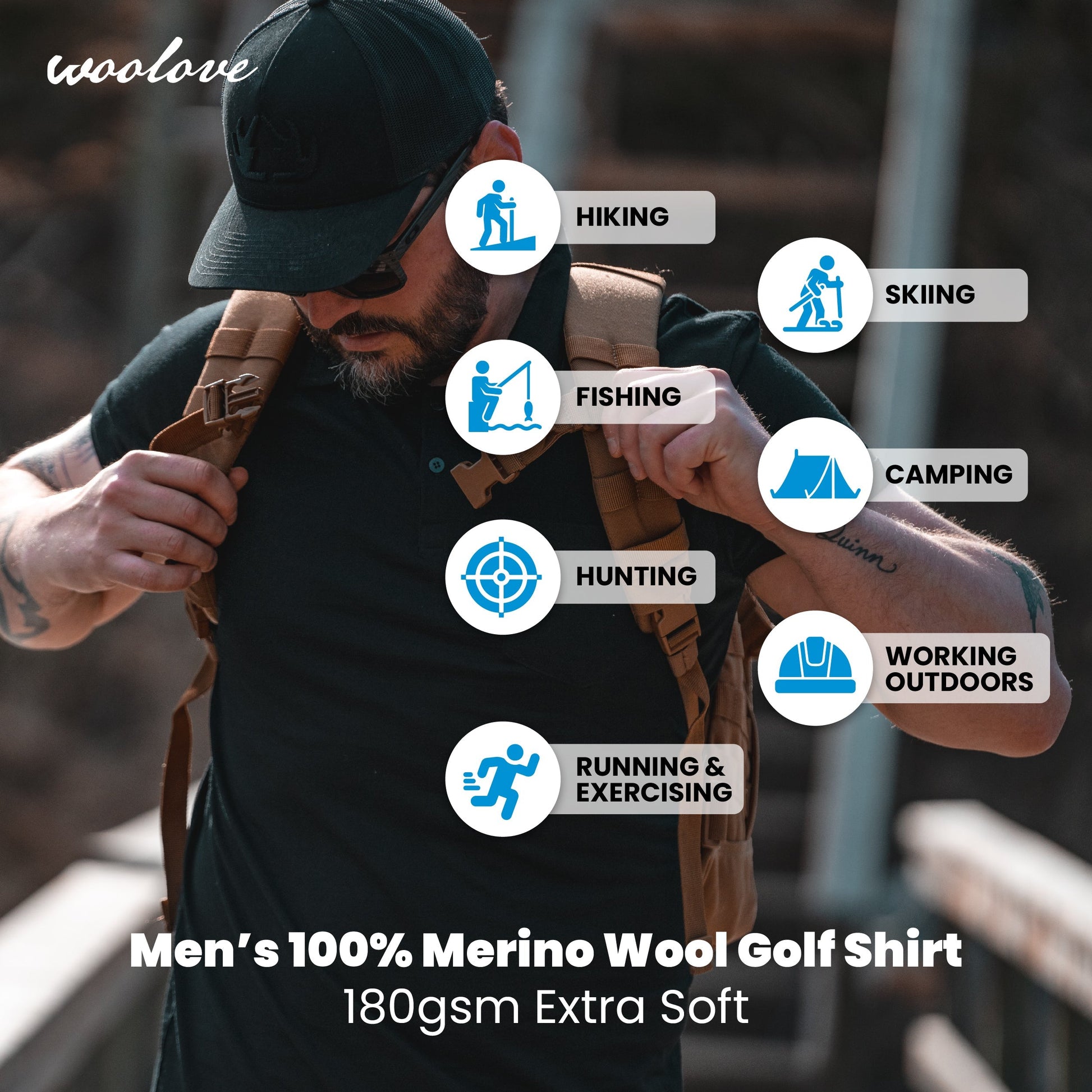 Polo de golf homme 100 % laine mérinos (avec poche) 175 g/m² - Léger 