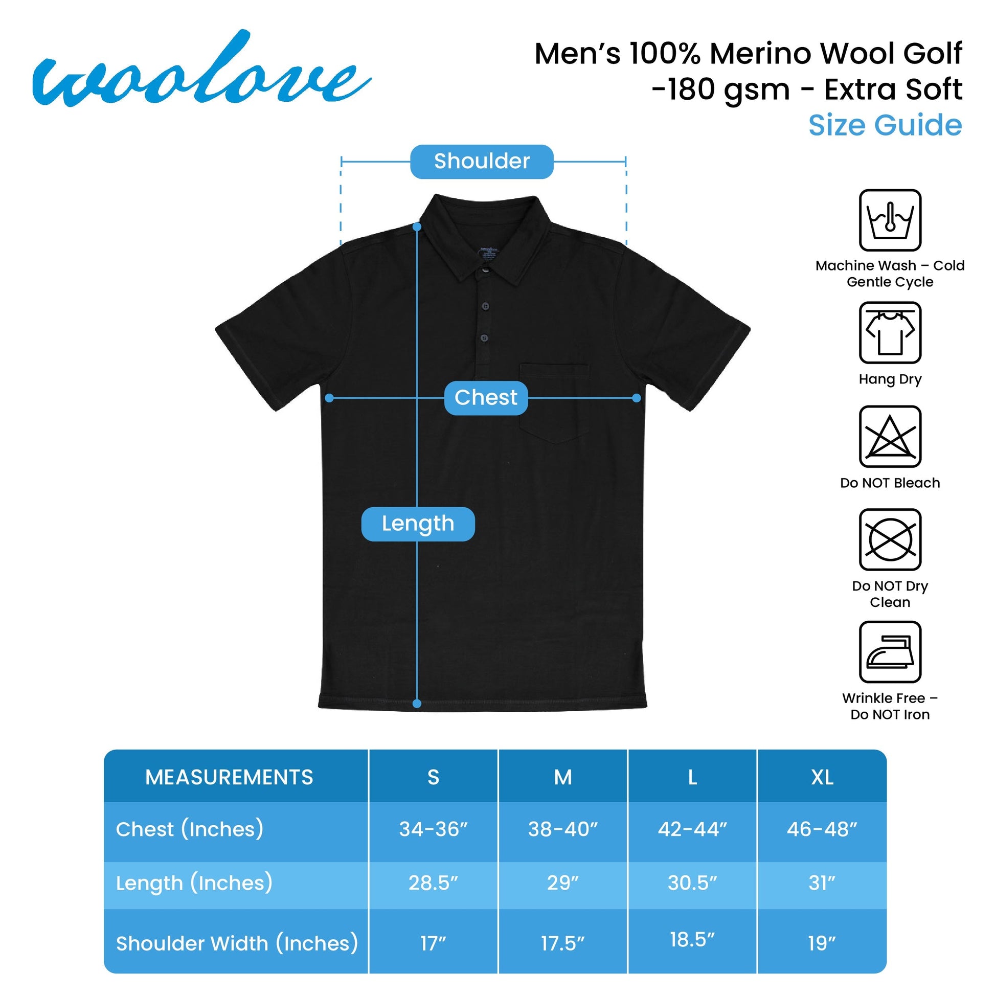 Polo de golf homme 100 % laine mérinos (avec poche) 175 g/m² - Léger 