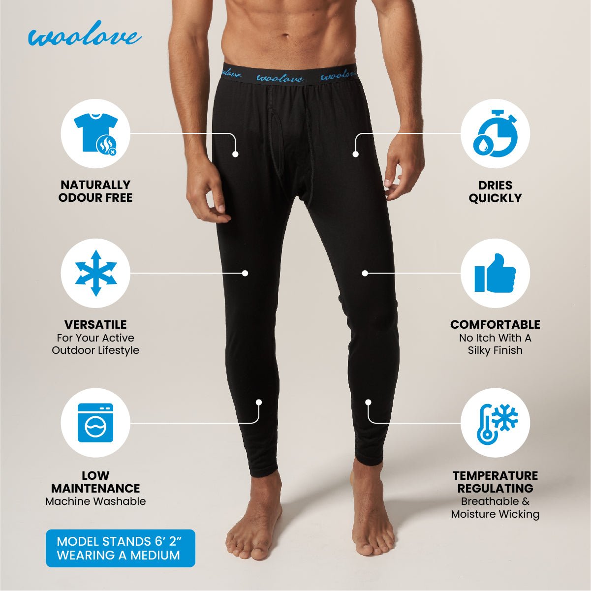Men's 100% Merino Wool Long Underwear Base Layer Leggings 190 GSM - Midweight