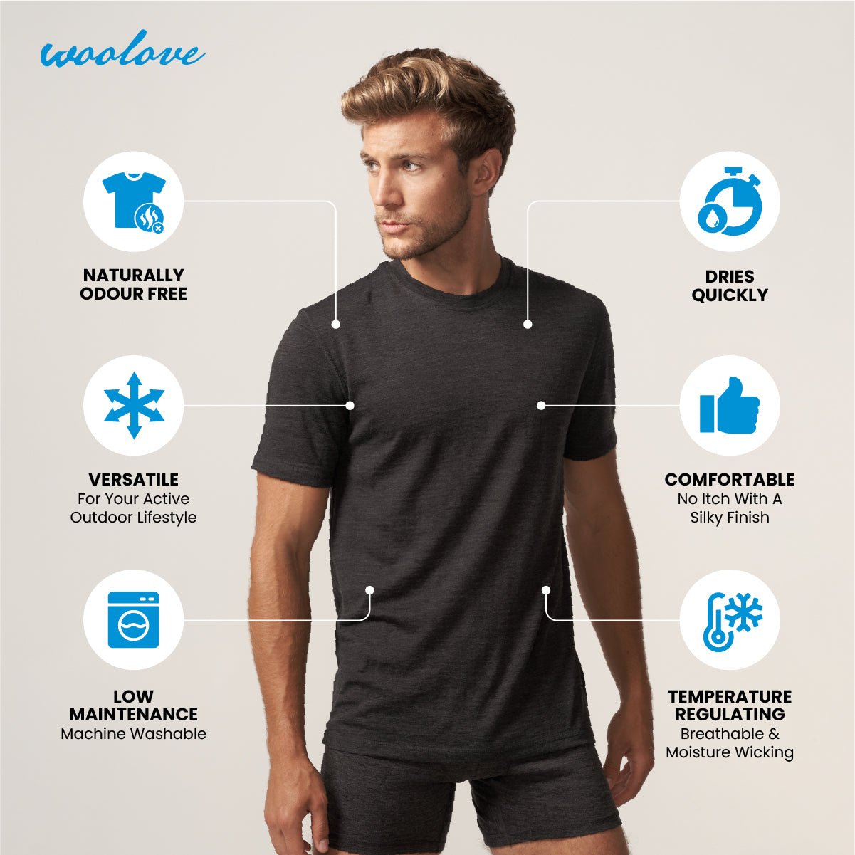 T-shirt à manches courtes pour homme, 100 % laine mérinos, 180 g/m² - Léger 