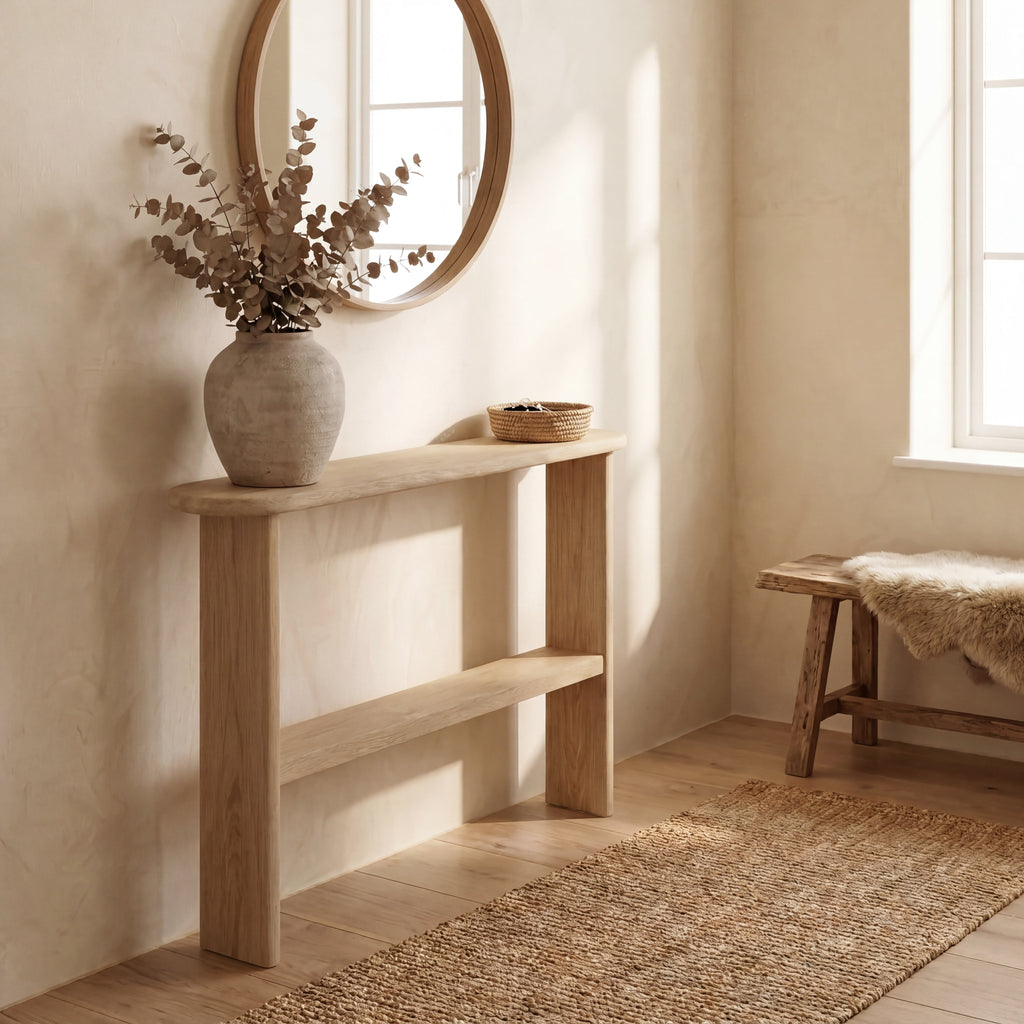 Console table with shelf in white oak