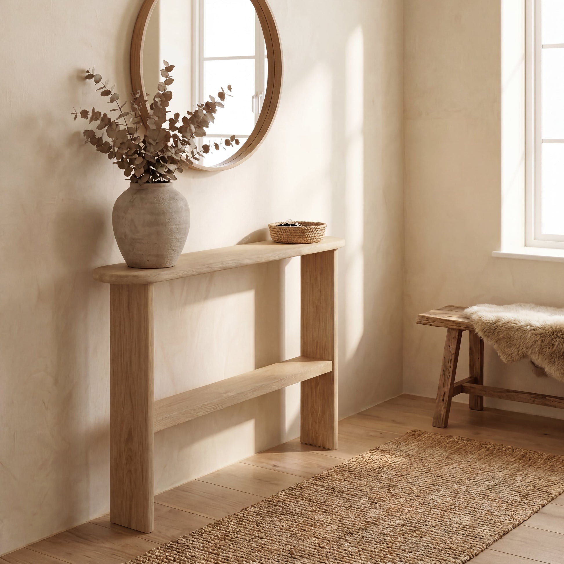 Console table with shelf in white oak