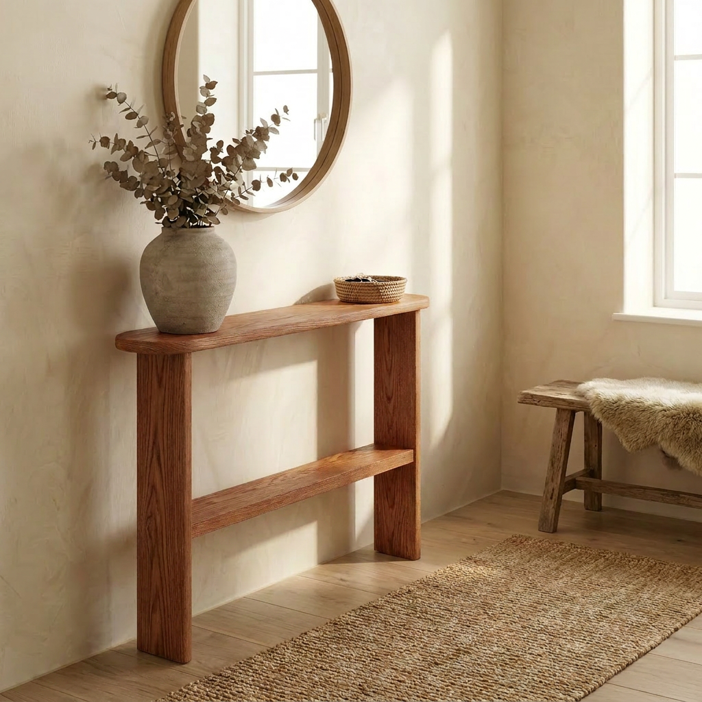 Console table with shelf in red oak