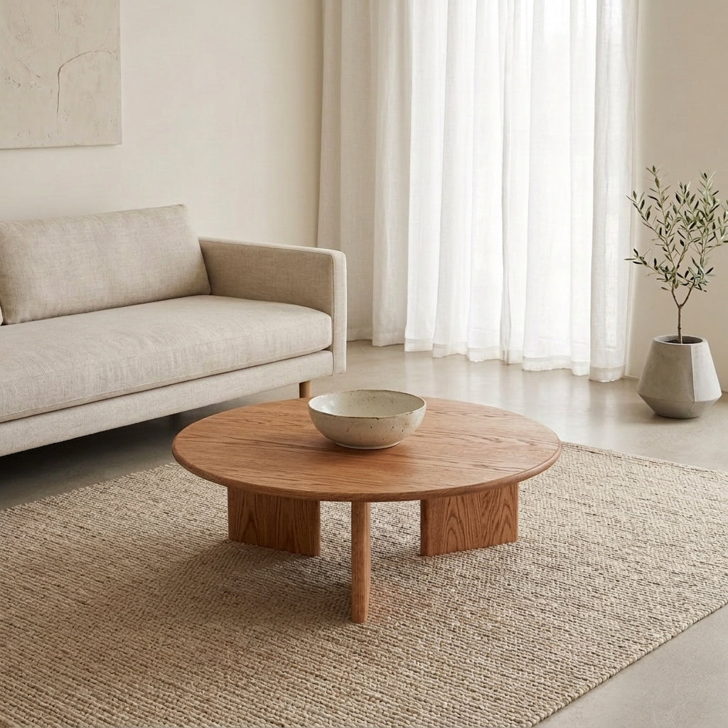 Round coffee table in red oak