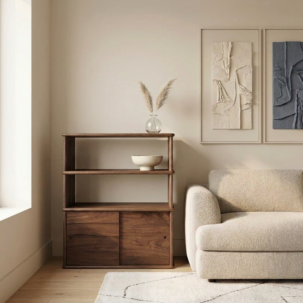 Sliding door bookcase in walnut