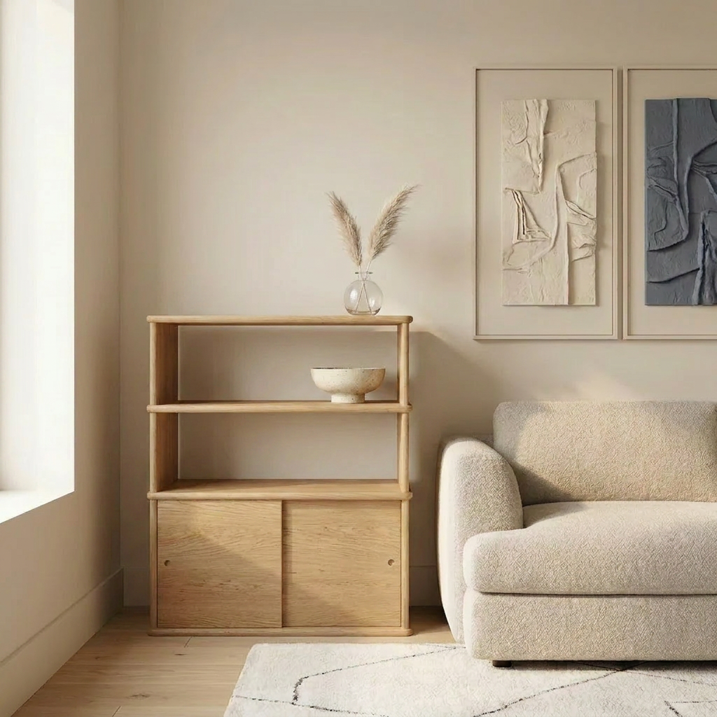 Sliding door bookcase in white oak