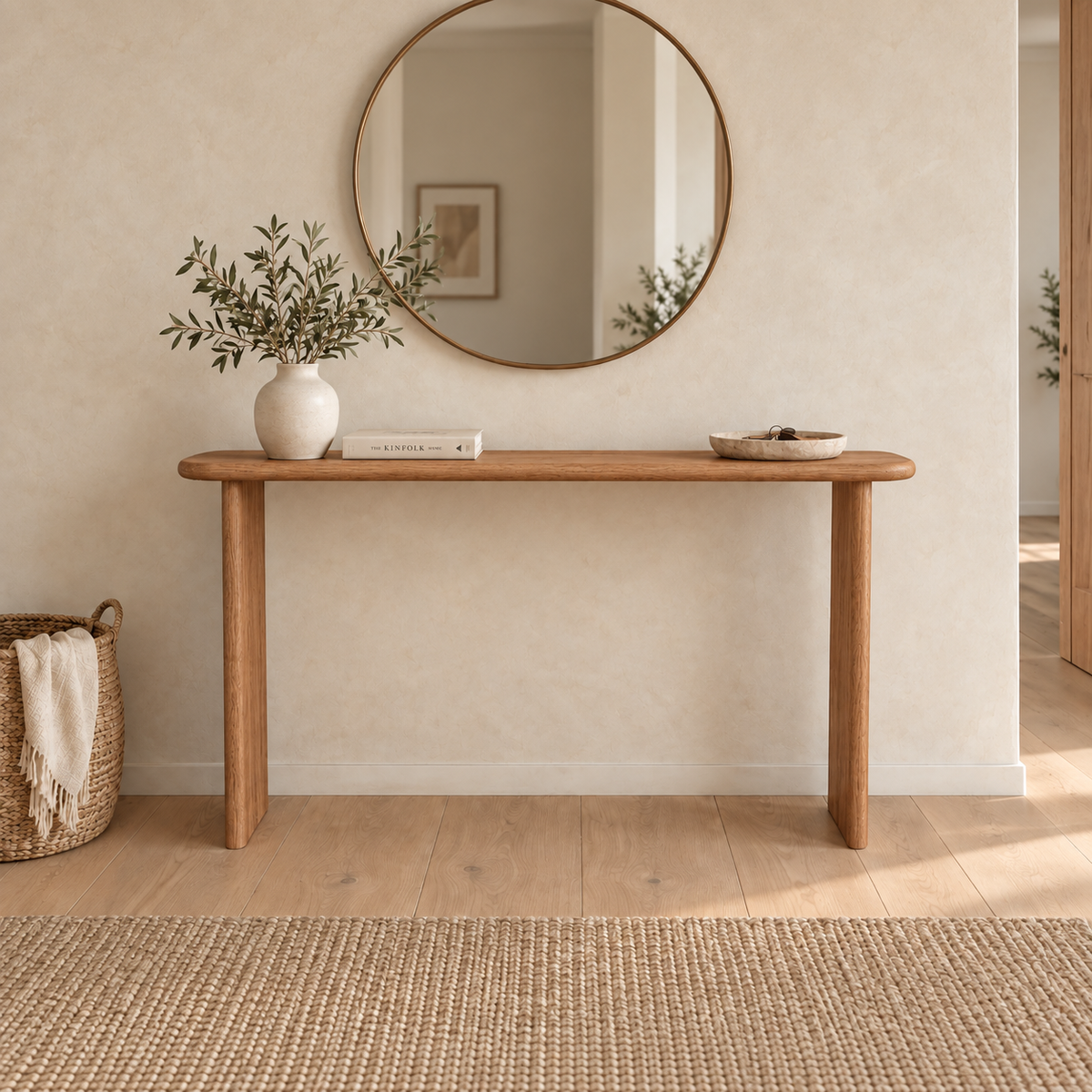 Narrow console table in red oak