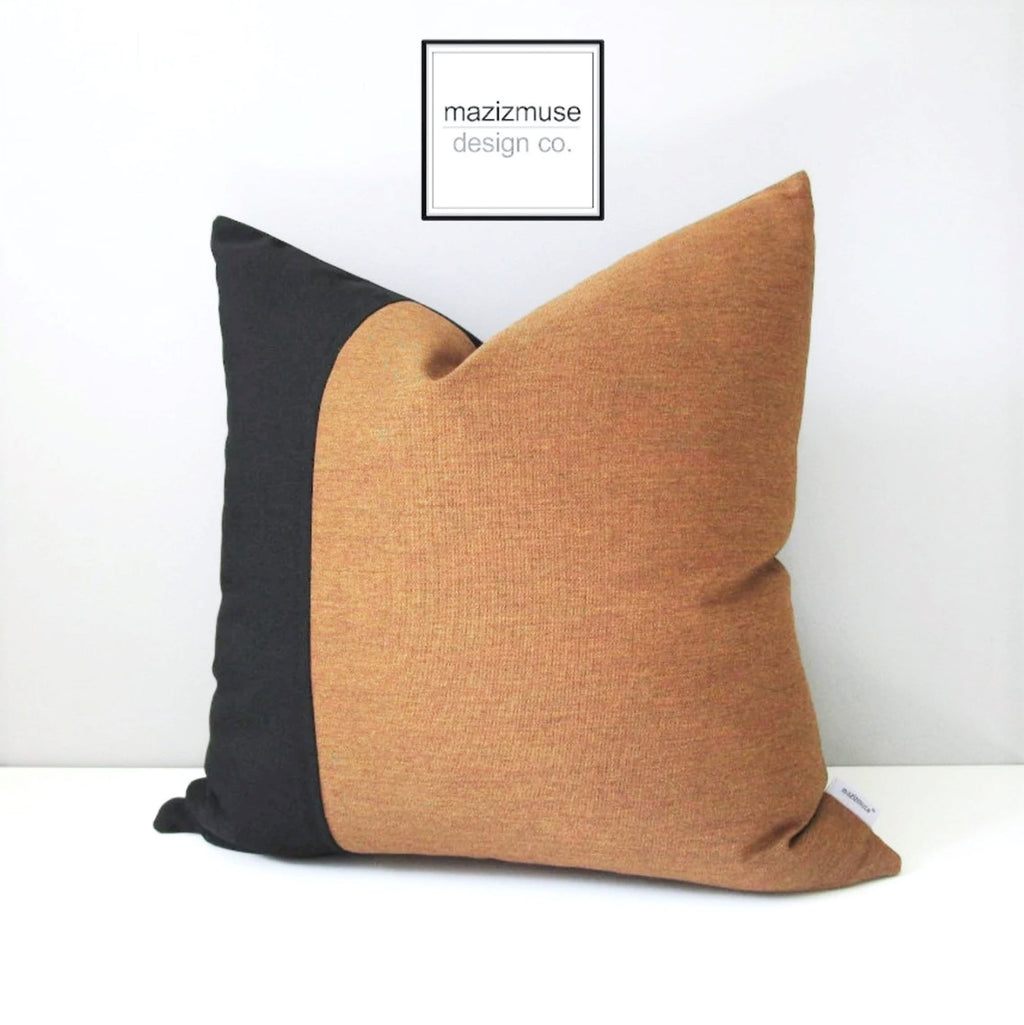 Modern Black & Teak Sunbrella® Outdoor Pillow Cover, Colorblock Cushion Cover