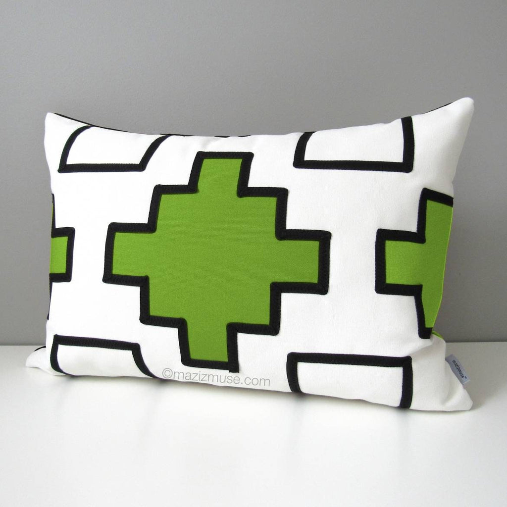 Housse de coussin décorative d'extérieur noire et vert citron, housse de coussin Sunbrella géométrique moderne