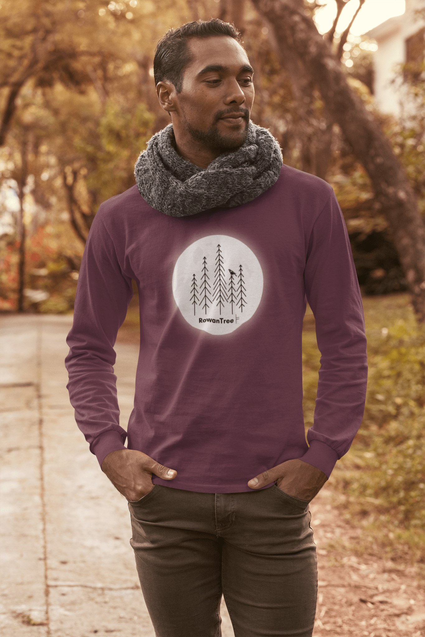 Moonlit Grove Long Sleeve – Minimalist Forest, Printed in Canada | RowanTree