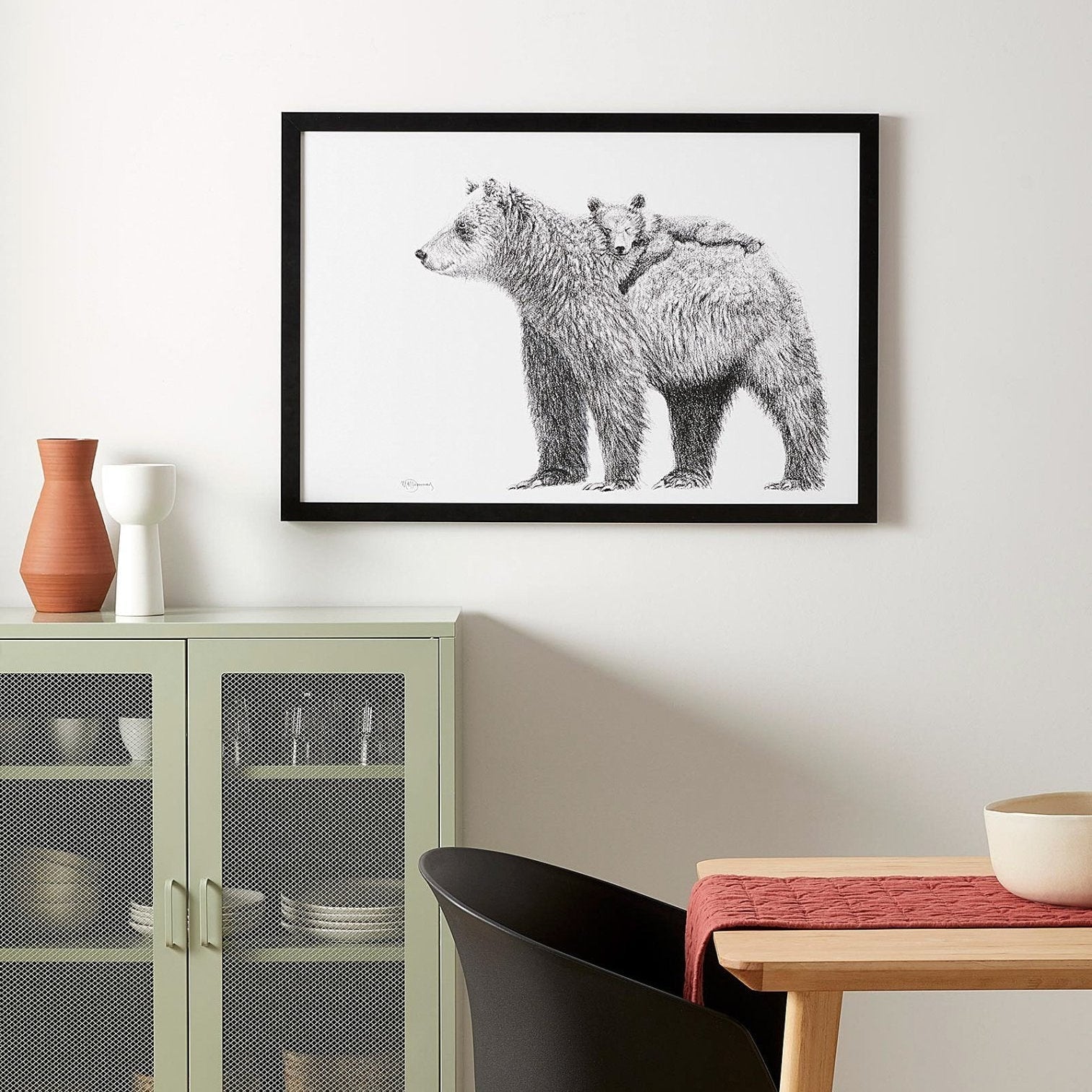 Grizzly with cub - wildlife black and white art print