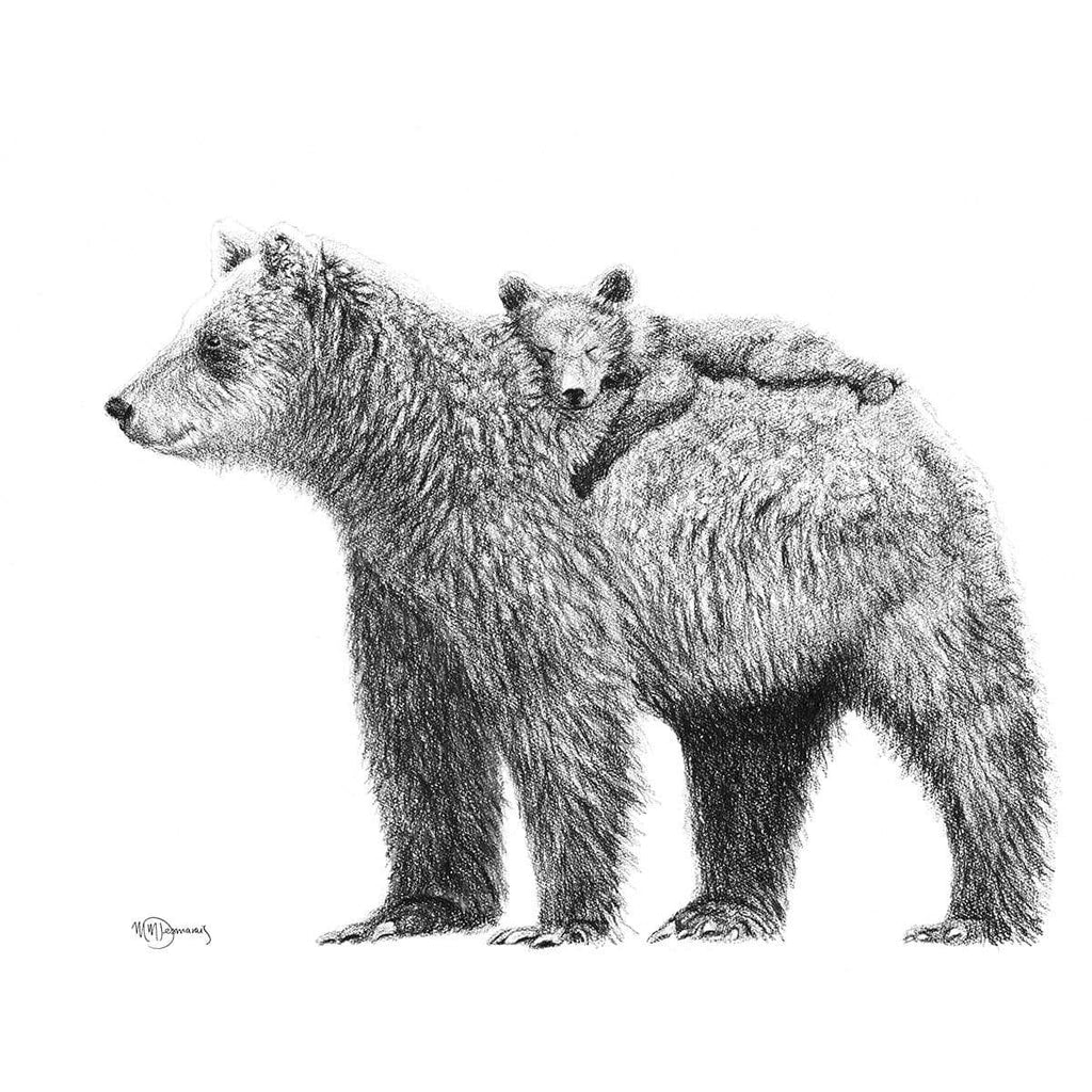 Grizzly with cub - wildlife black and white art print