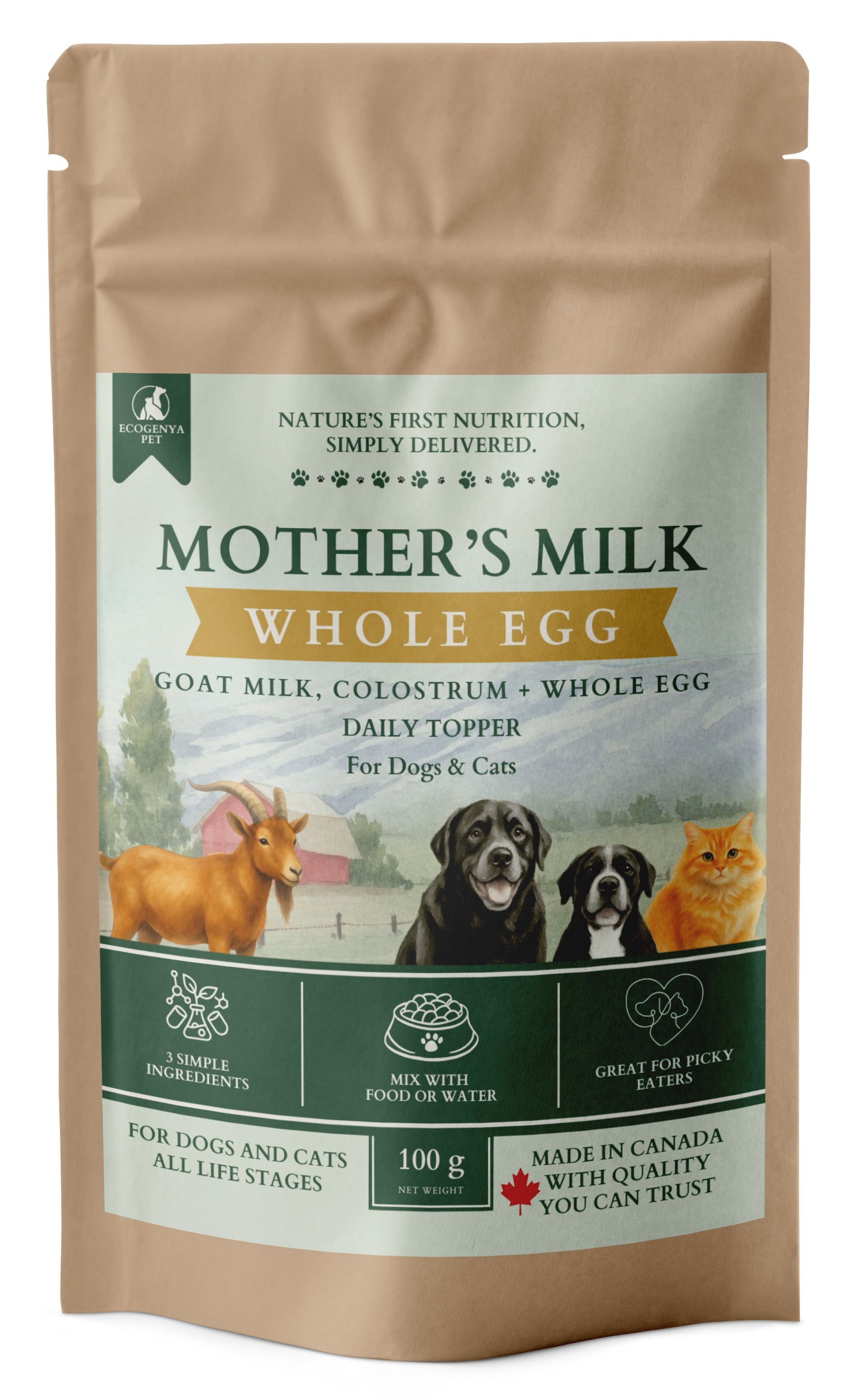 Ecogenya Mother's Milk + Whole Egg Daily Topper for Dogs & Cats — Goat Milk, Colostrum & Whole Egg Powder, 100g–1kg