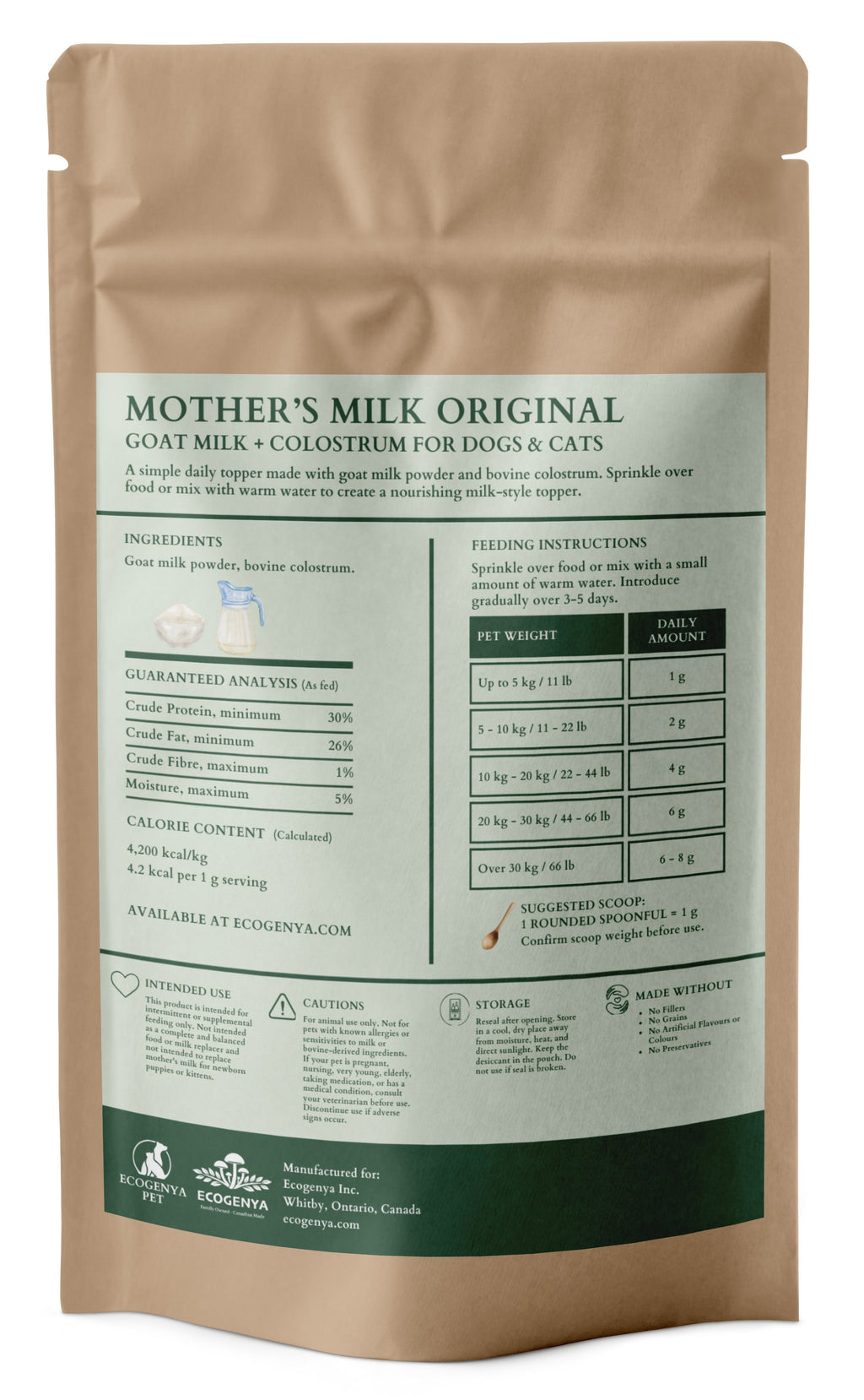 Ecogenya Mother's Milk Original Goat Milk + Colostrum Topper for Dogs & Cats — 2-Ingredient Daily Powder, 100g–1kg