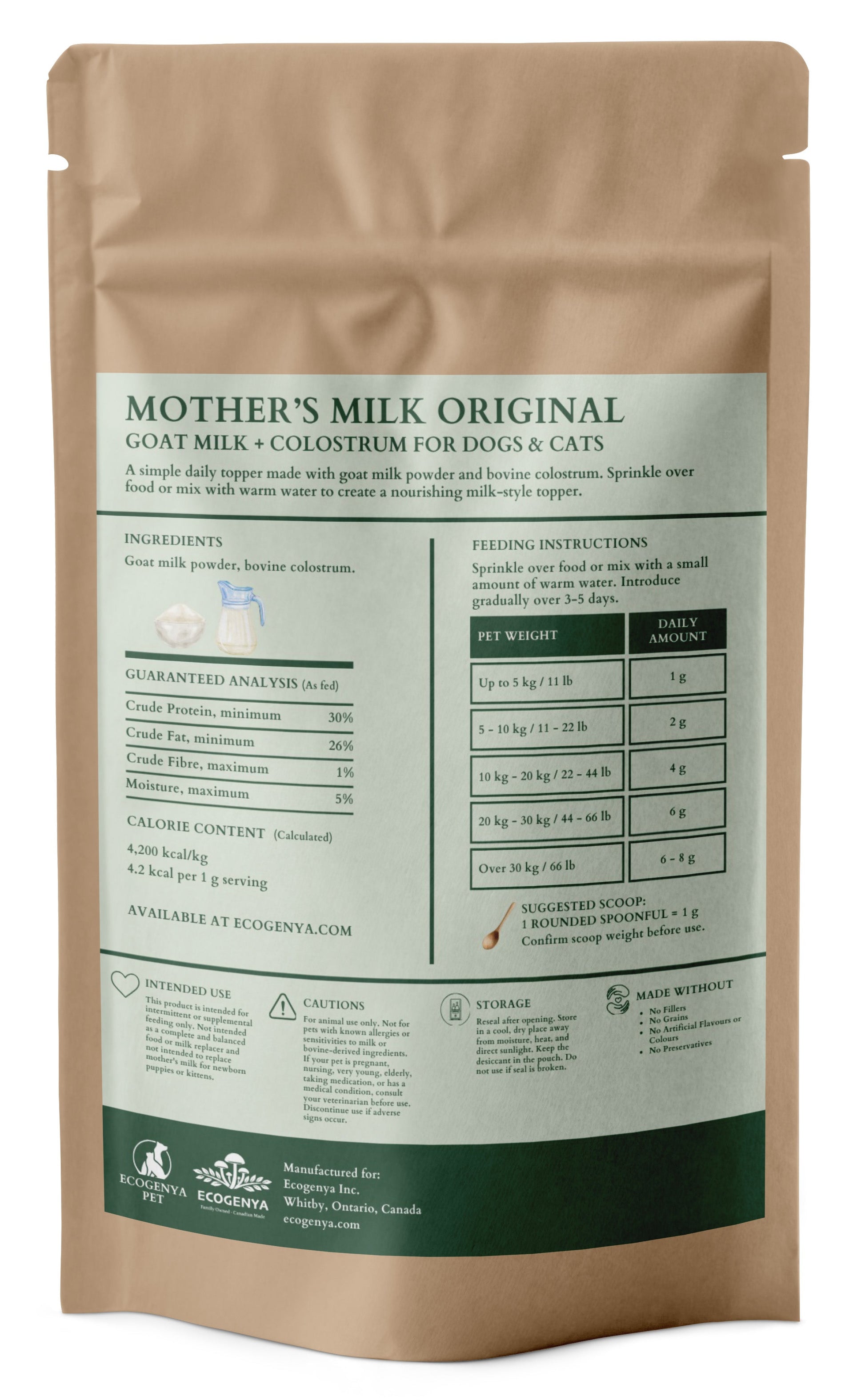 Ecogenya Mother's Milk Original Goat Milk + Colostrum Topper for Dogs & Cats — 2-Ingredient Daily Powder, 100g–1kg