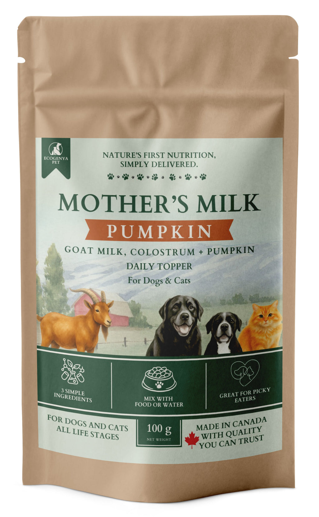 Ecogenya Mother's Milk Pumpkin Daily Topper for Dogs & Cats — Goat Milk, Colostrum & Pumpkin Powder, 100g–1kg