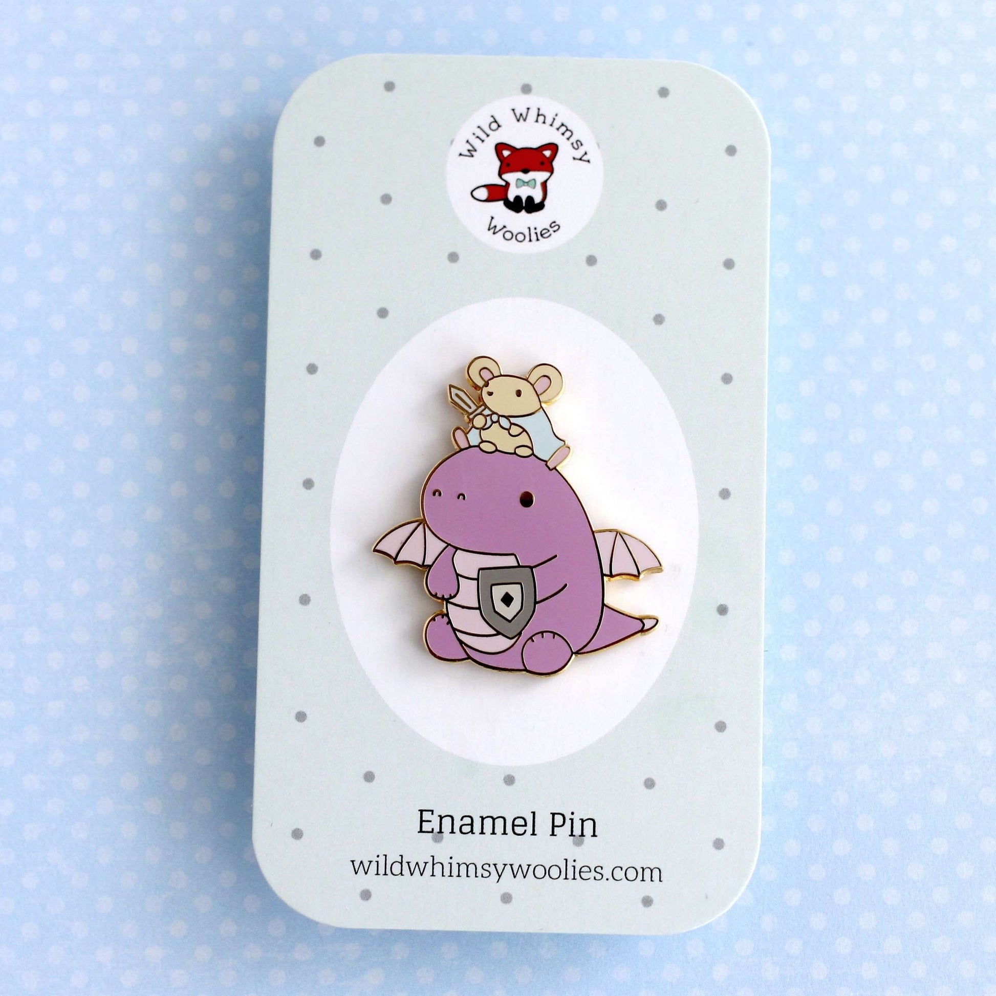 Broche en émail Souris et Chevalier Dragon (Variante Dragon Violet Clair)