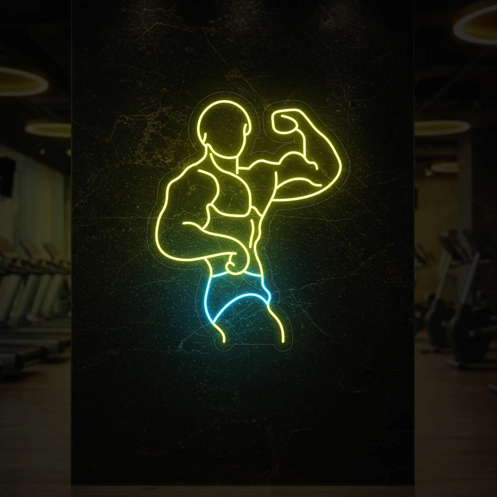 Homme musclé en pose latérale, torse fléchi, enseigne lumineuse LED
