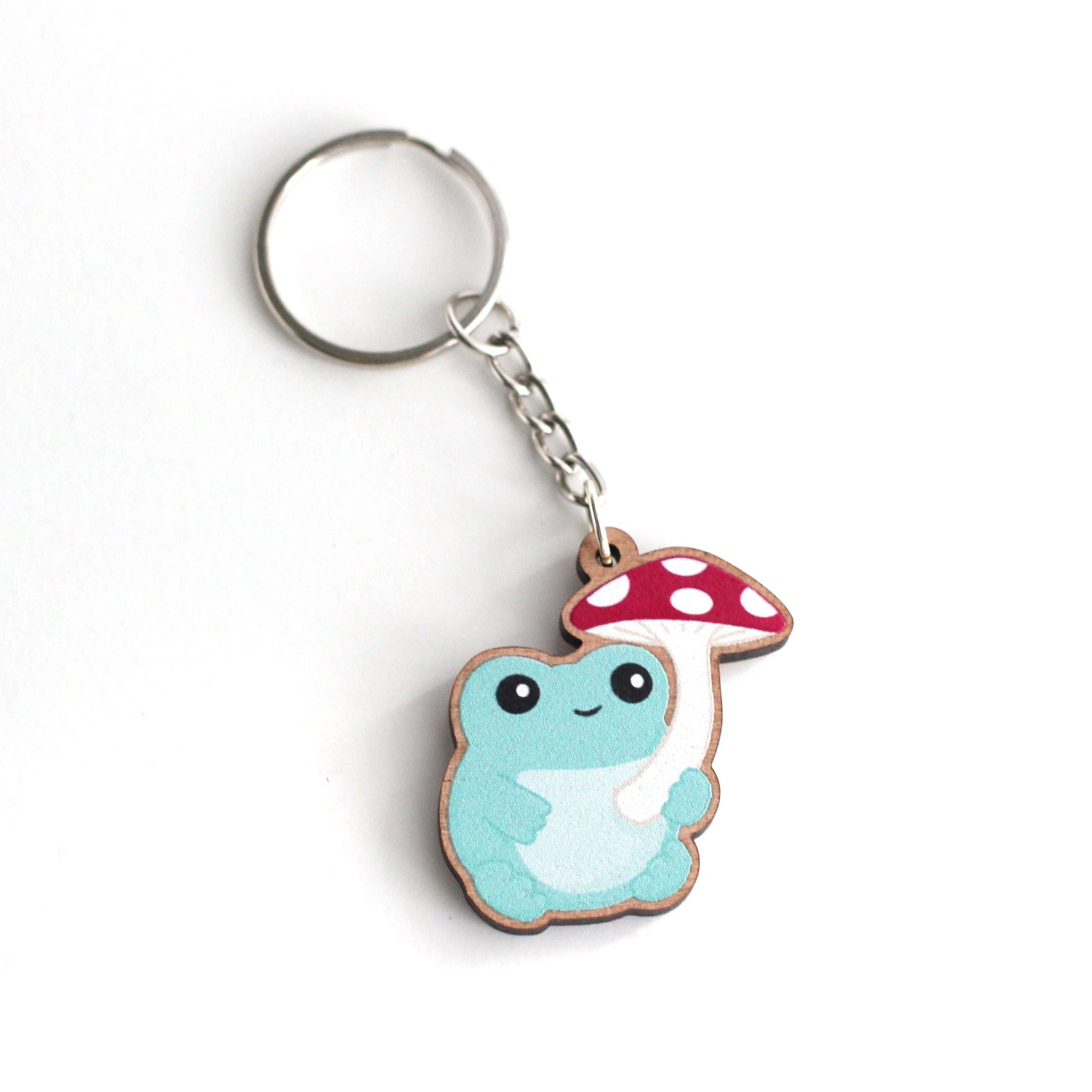 Porte-clés en bois grenouille champignon – Charm en bois mignon – Accessoires grenouille – Cottagecore
