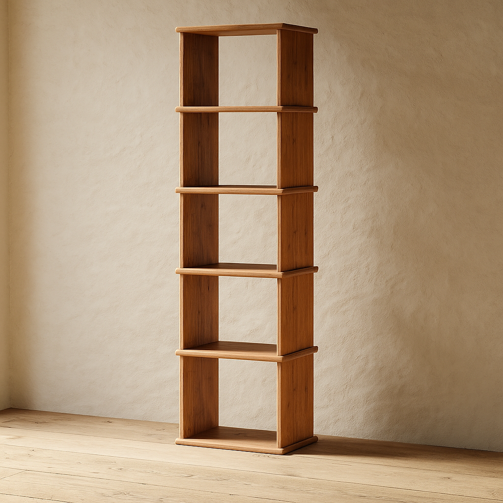 Narrow bookshelf in red oak