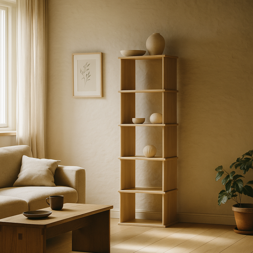 Narrow bookshelf in white oak
