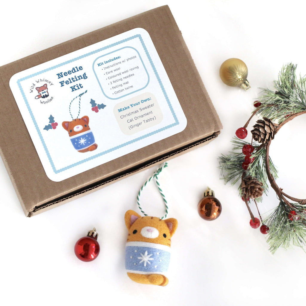 Needle Felting Kit: Christmas Sweater Cat Ornament (Ginger Tabby) - DIY Felting Kit