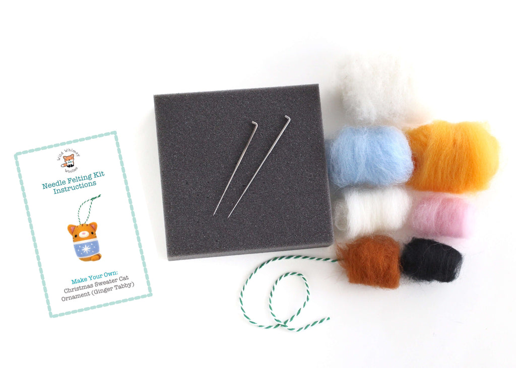 Needle Felting Kit: Christmas Sweater Cat Ornament (Ginger Tabby) - DIY Felting Kit