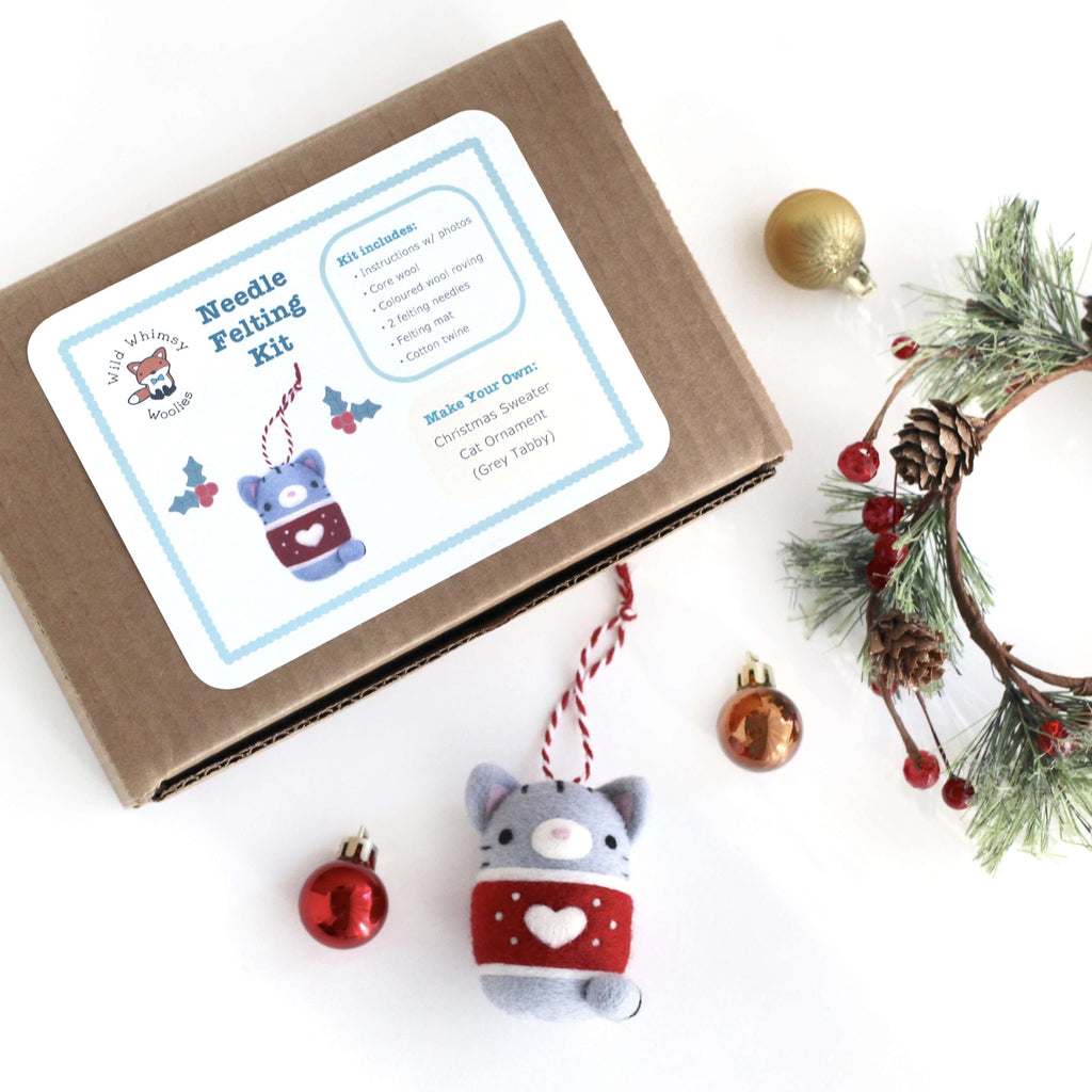 Needle Felting Kit: Christmas Sweater Cat Ornament (Grey Tabby) - DIY Felting Kit
