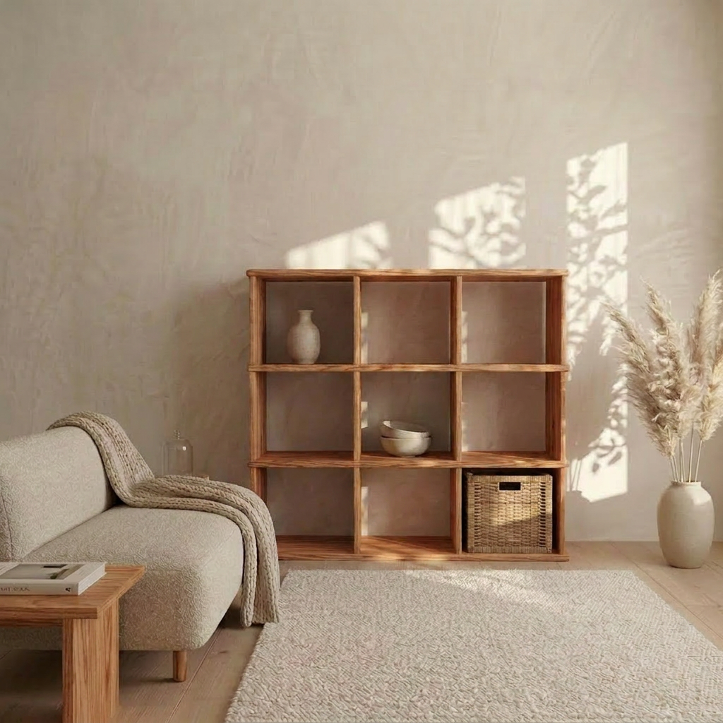 Nine cube bookshelf in red oak