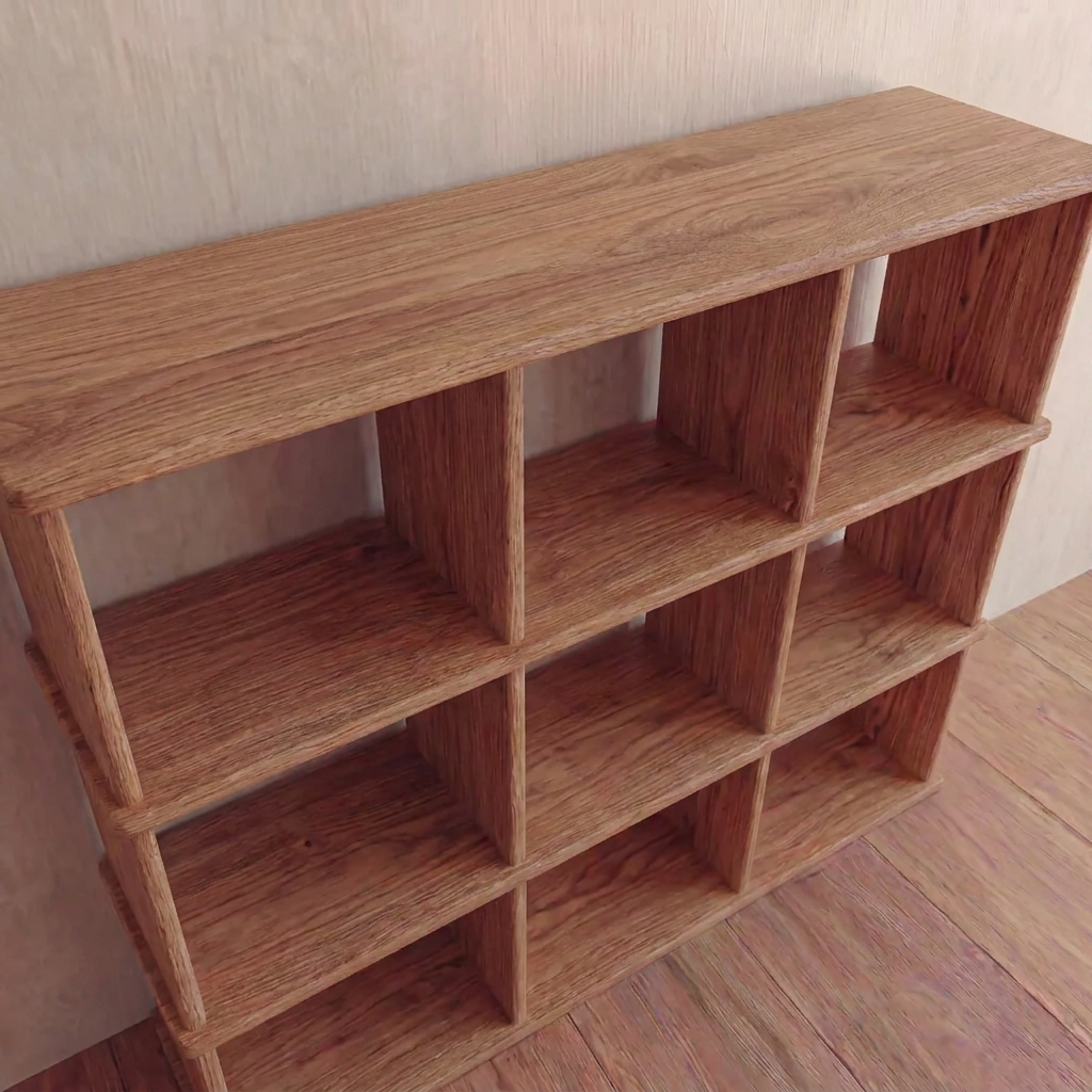 Nine cube bookshelf in red oak