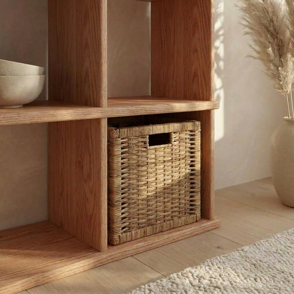 Nine cube bookshelf in red oak