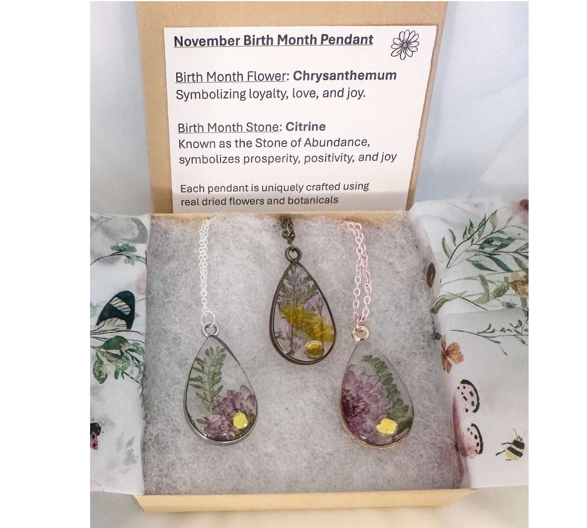Birth Month Teardrop Pendant -  Custom Order Real Pressed Flower Jewelry