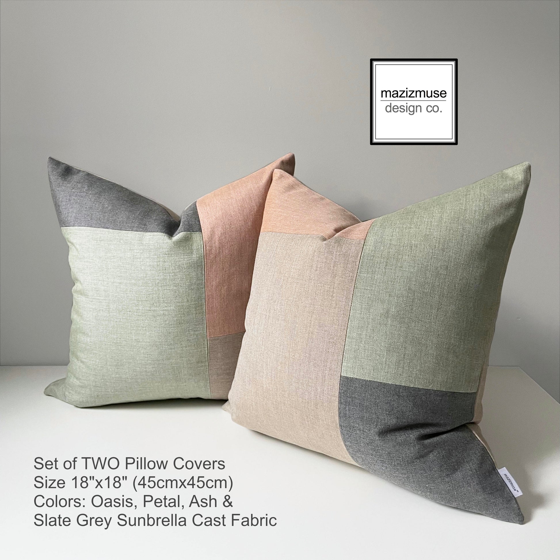 Deux housses de coussin d'extérieur Sunbrella® vert sauge, coussins Oasis Petal et Ash