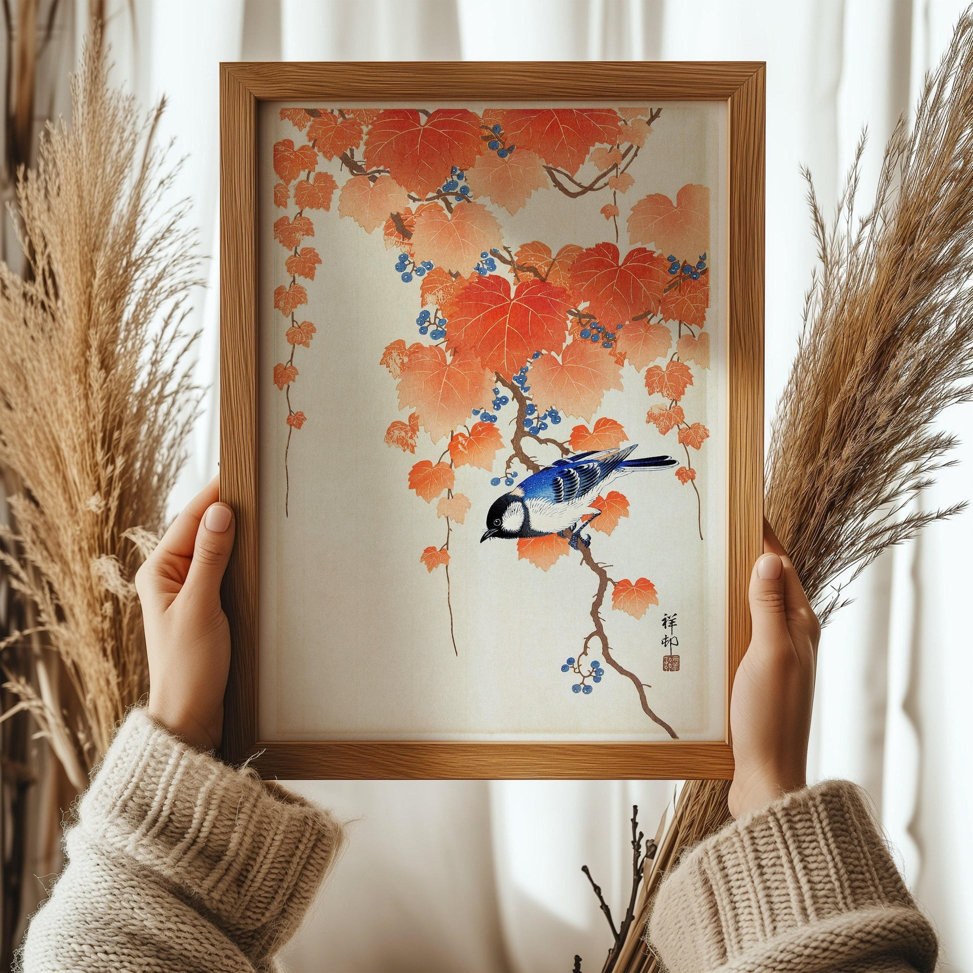 Ohara Koson - Mésange charbonnière sur une branche de paulownia | ESTAMPE | Art japonais Shin-Hanga Kach≈ç-E vintage orange et bleu (disponible encadrée)