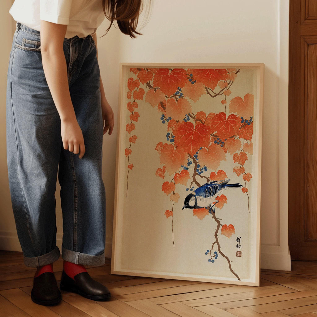 Ohara Koson - Mésange charbonnière sur une branche de paulownia | ESTAMPE | Art japonais Shin-Hanga Kach≈ç-E vintage orange et bleu (disponible encadrée)