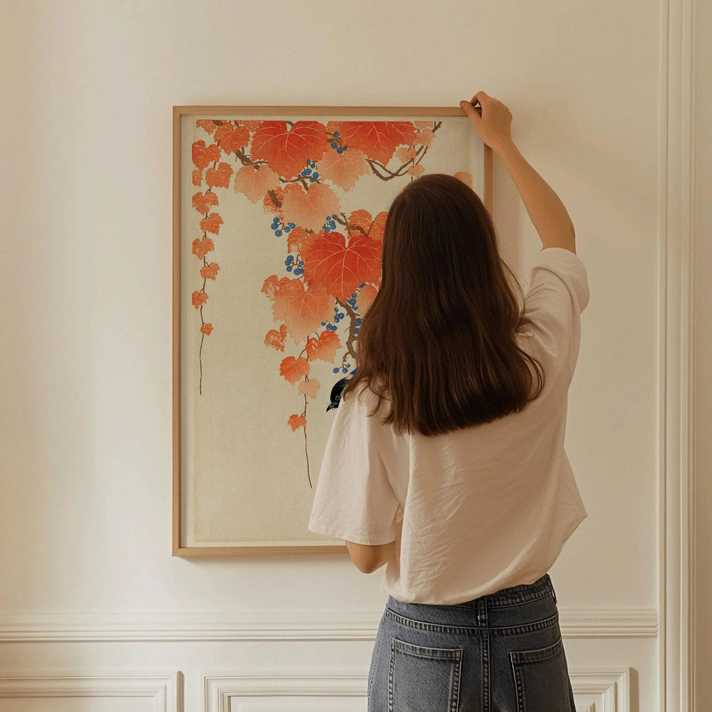Ohara Koson - Mésange charbonnière sur une branche de paulownia | ESTAMPE | Art japonais Shin-Hanga Kach≈ç-E vintage orange et bleu (disponible encadrée)