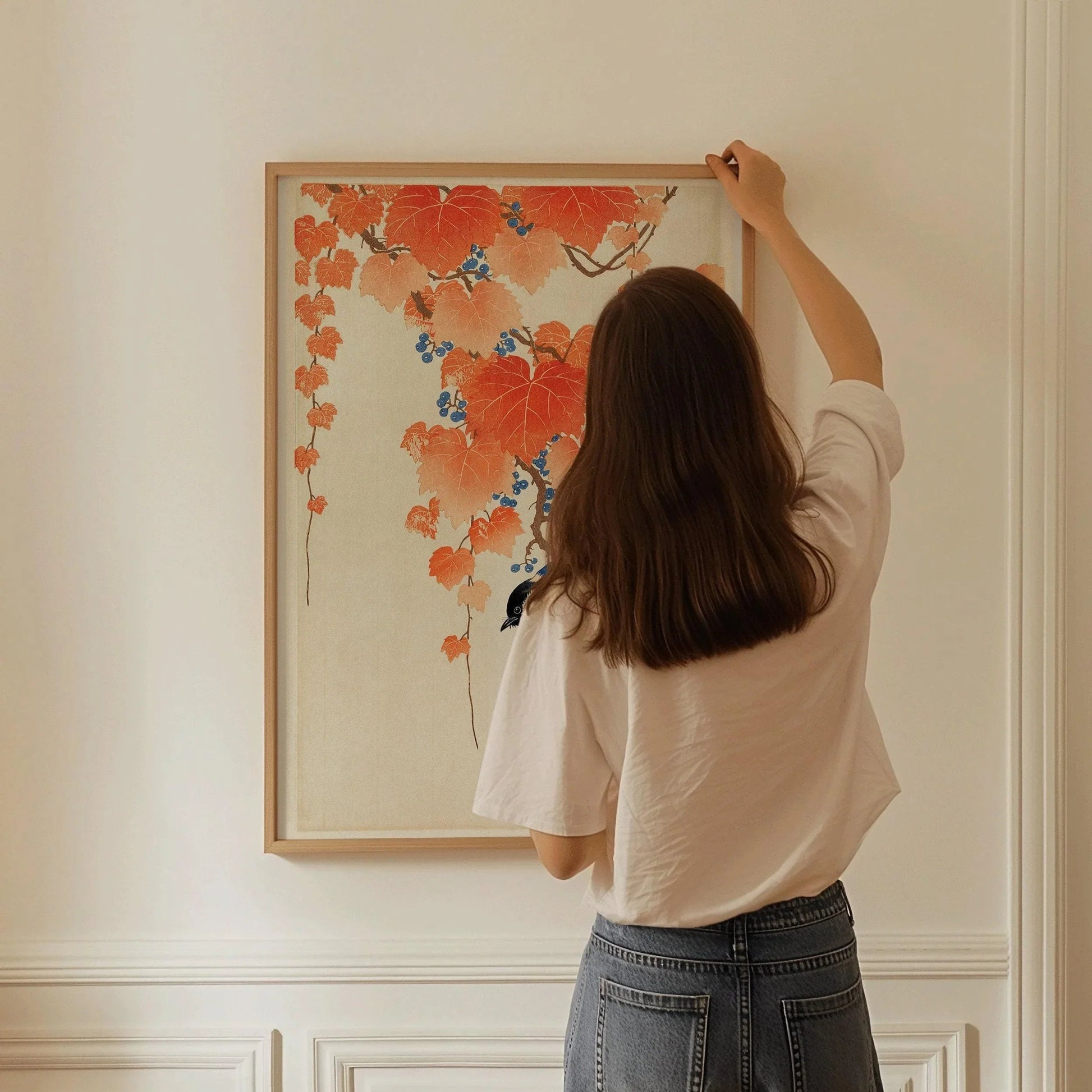 Ohara Koson - Mésange charbonnière sur une branche de paulownia | ESTAMPE | Art japonais Shin-Hanga Kach≈ç-E vintage orange et bleu (disponible encadrée)