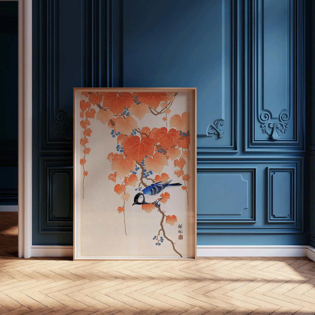 Ohara Koson - Mésange charbonnière sur une branche de paulownia | ESTAMPE | Art japonais Shin-Hanga Kach≈ç-E vintage orange et bleu (disponible encadrée)